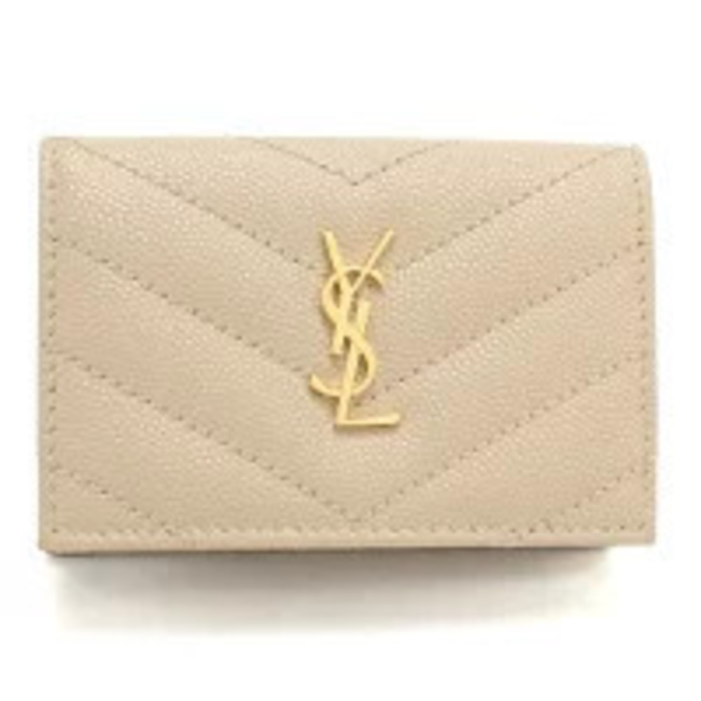 Saint Laurent Tri fold Wallet Compact Monogram Origami Beige Cream